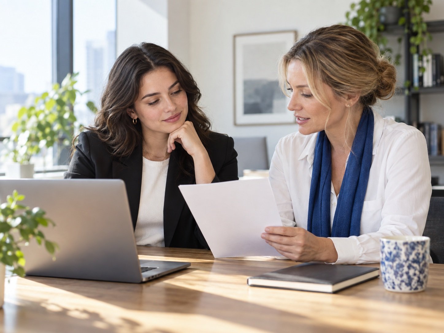 A professional and an advisor thoughtfully review a document together.